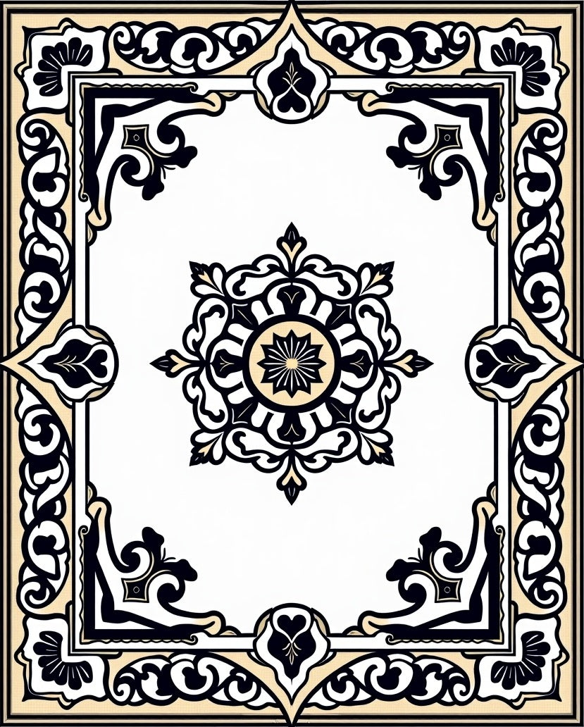 Elegant Black Cream Floral Medallion Rug