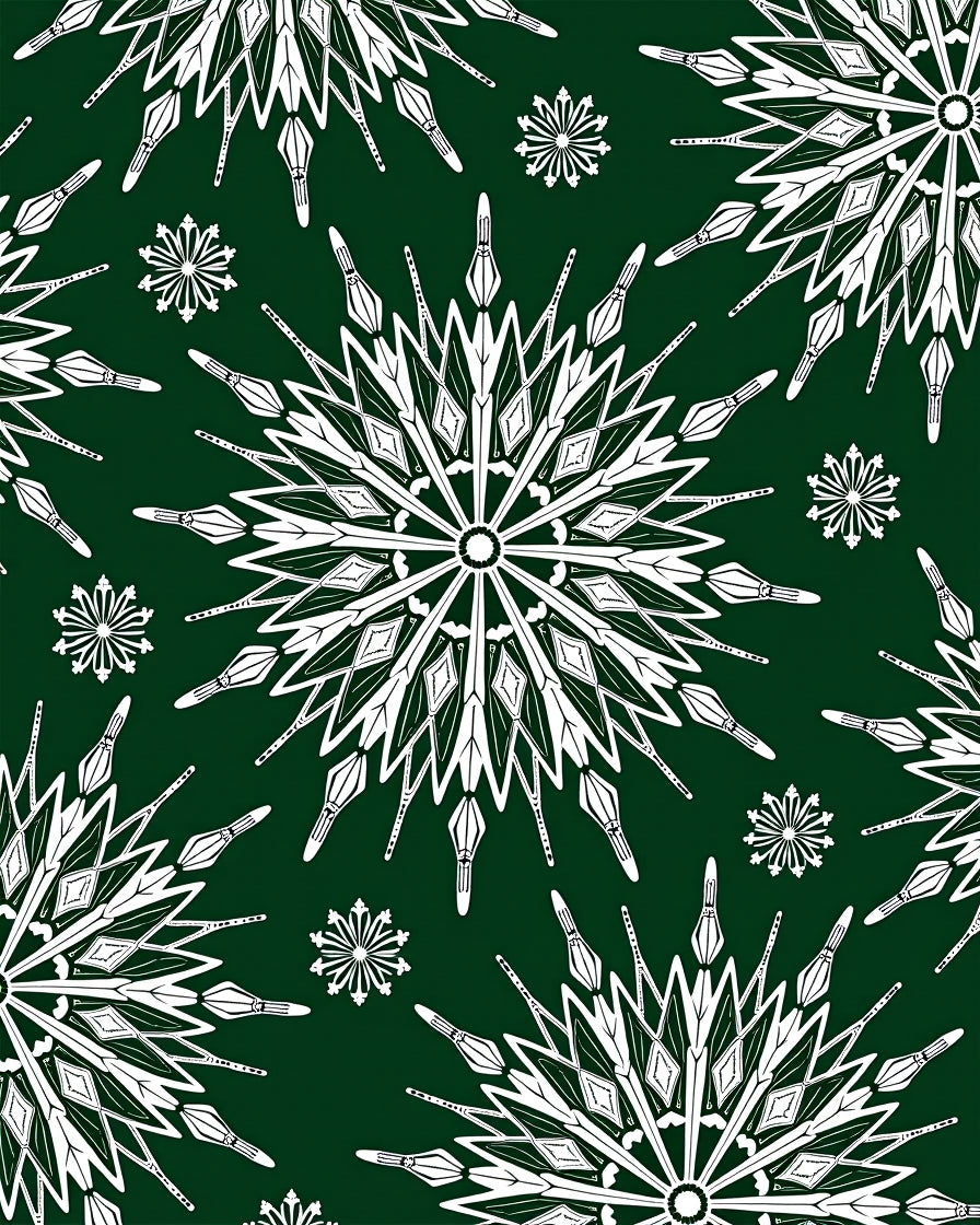 White Snowflake Patterned Dark Green Tile Rug
