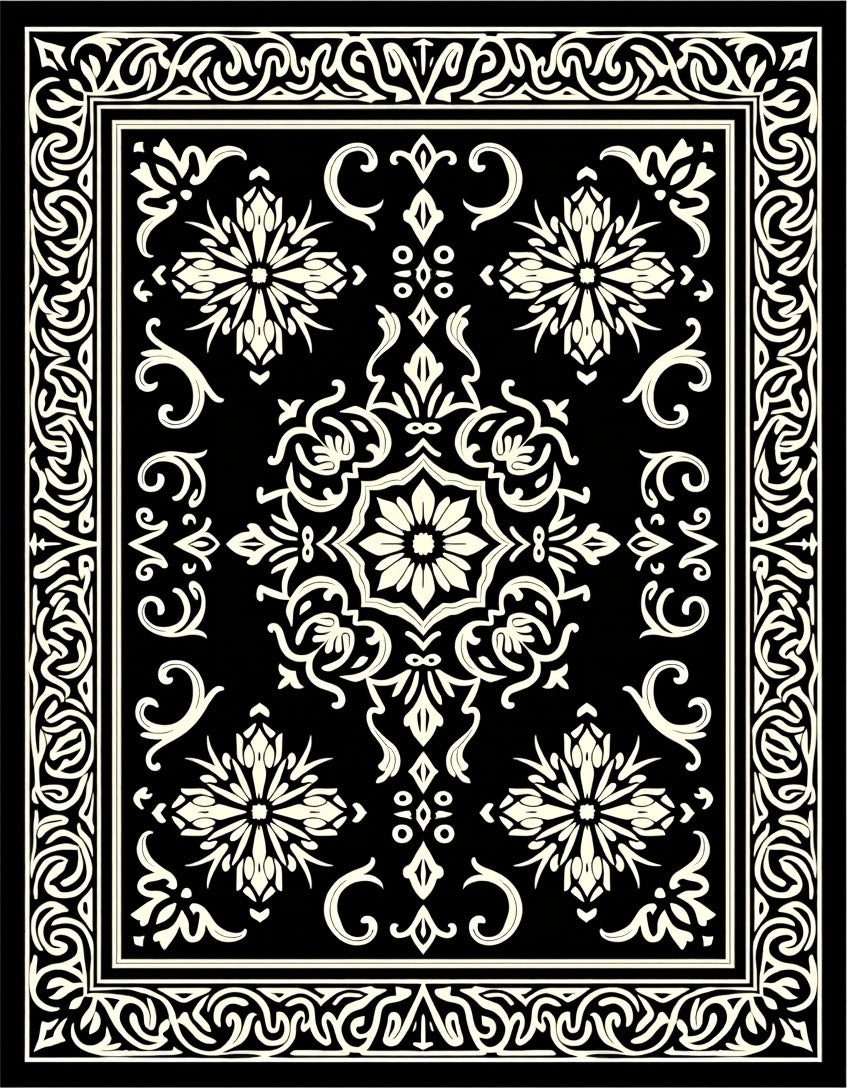 Black Ivory Ornate Floral Patterned Rug