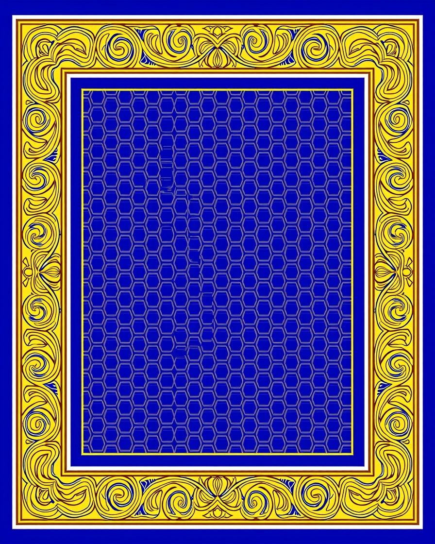 Blue Hexagon With Ornate Yellow Border Rug