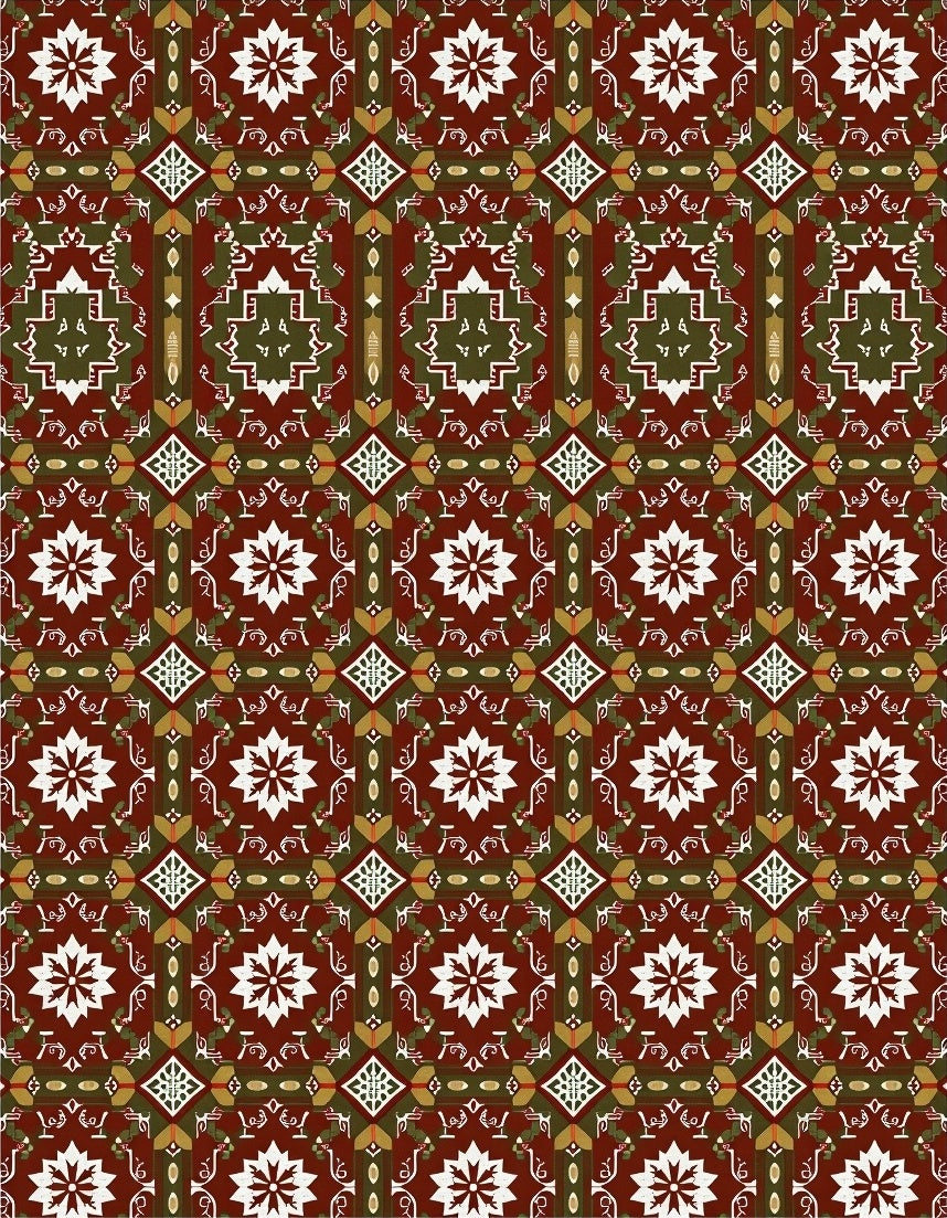 Rich Red Ochre Geometric Floral Pattern Rug