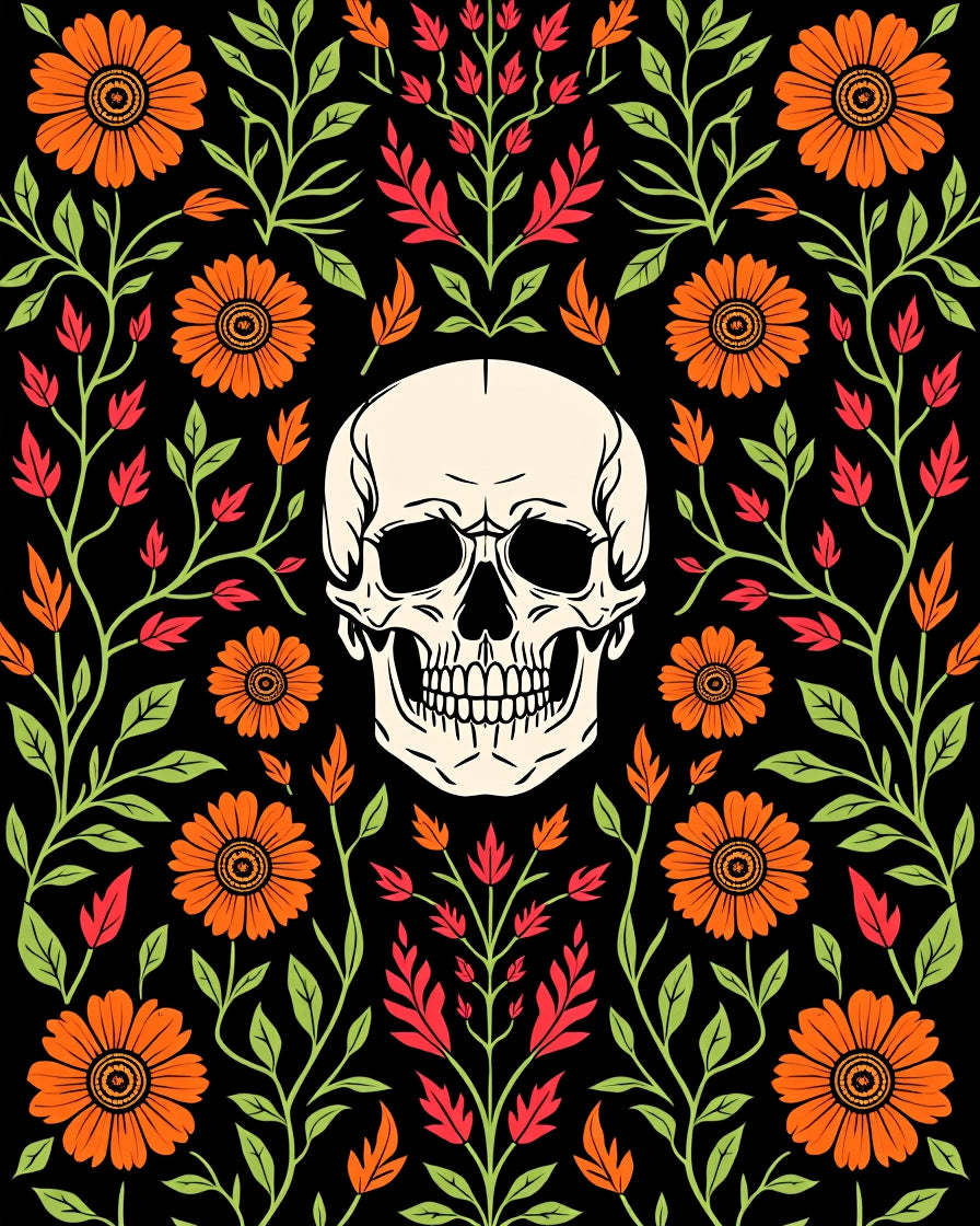 Floral Skull Patterned Dark Rug