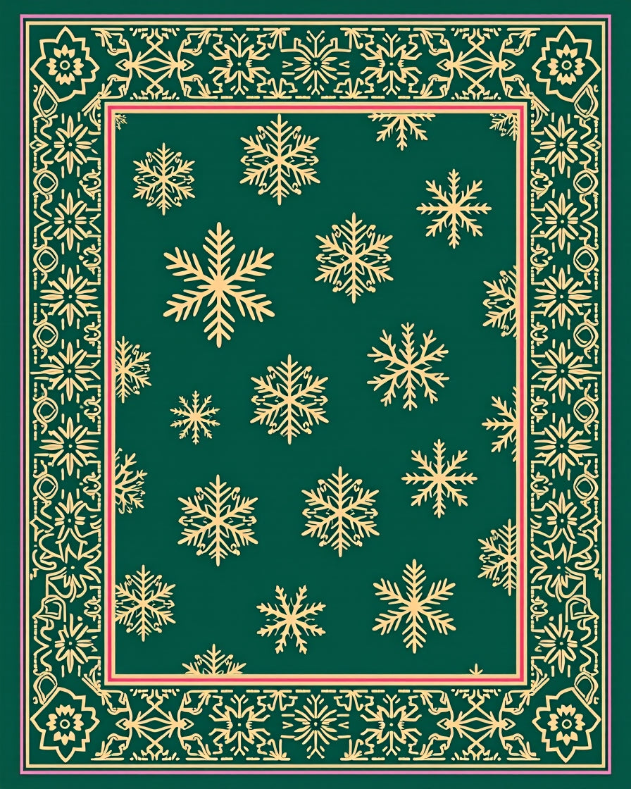 Golden Snowflakes Decorative Emerald Border Rug