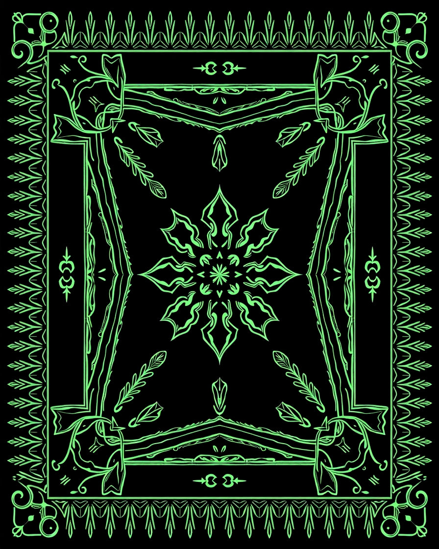 Neon Green Ornamental Floral Border Rug