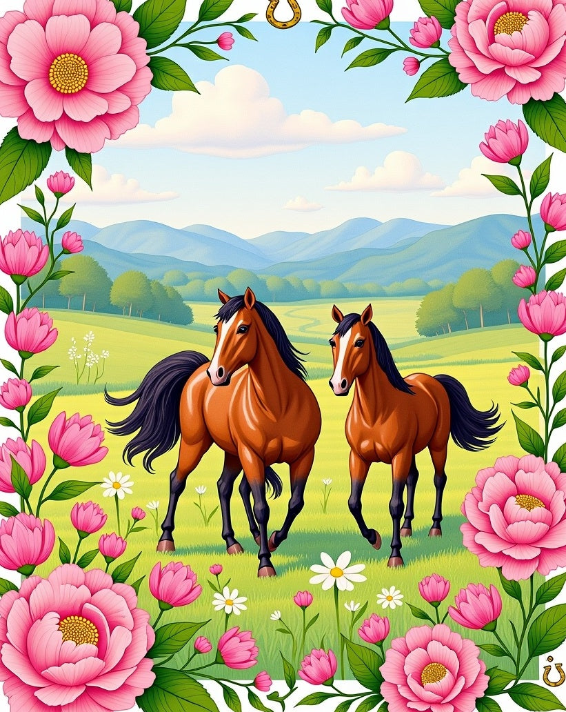 Majestic Horses Pink Floral Meadow Rug