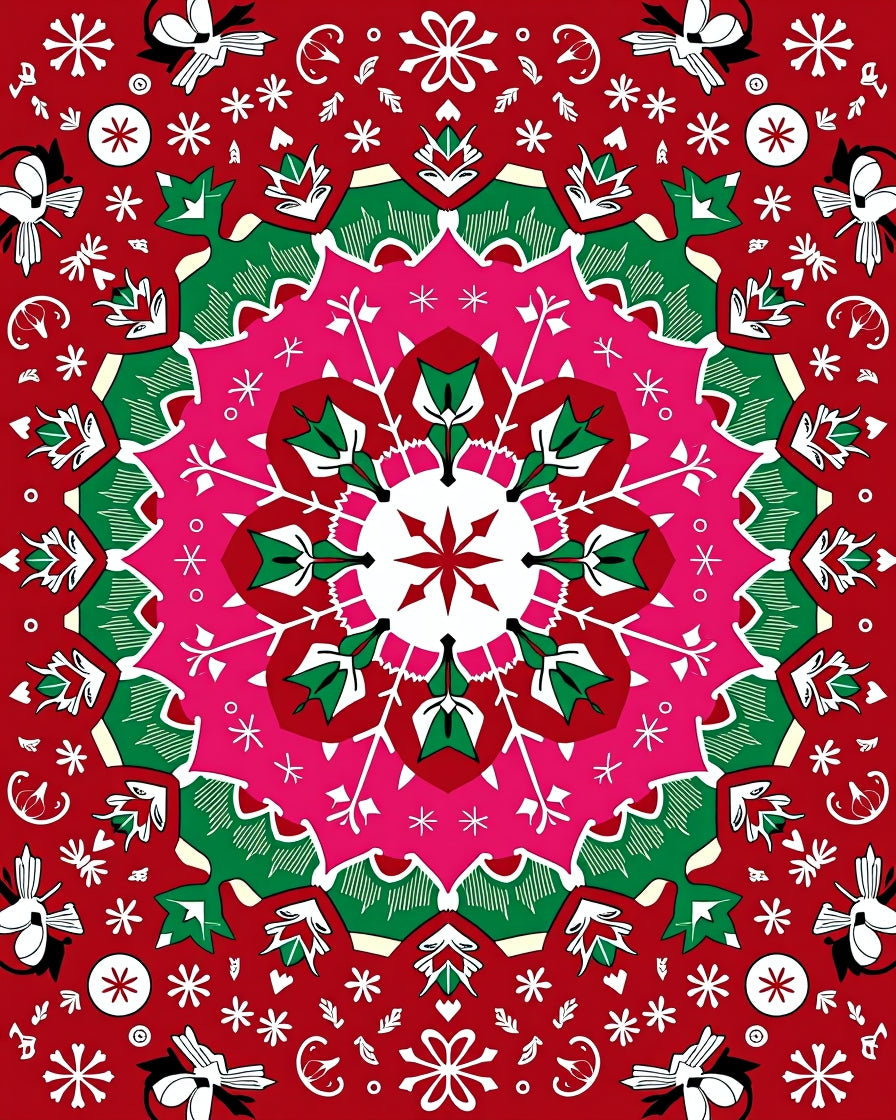 Bright Red Folk Mandala Design Rug