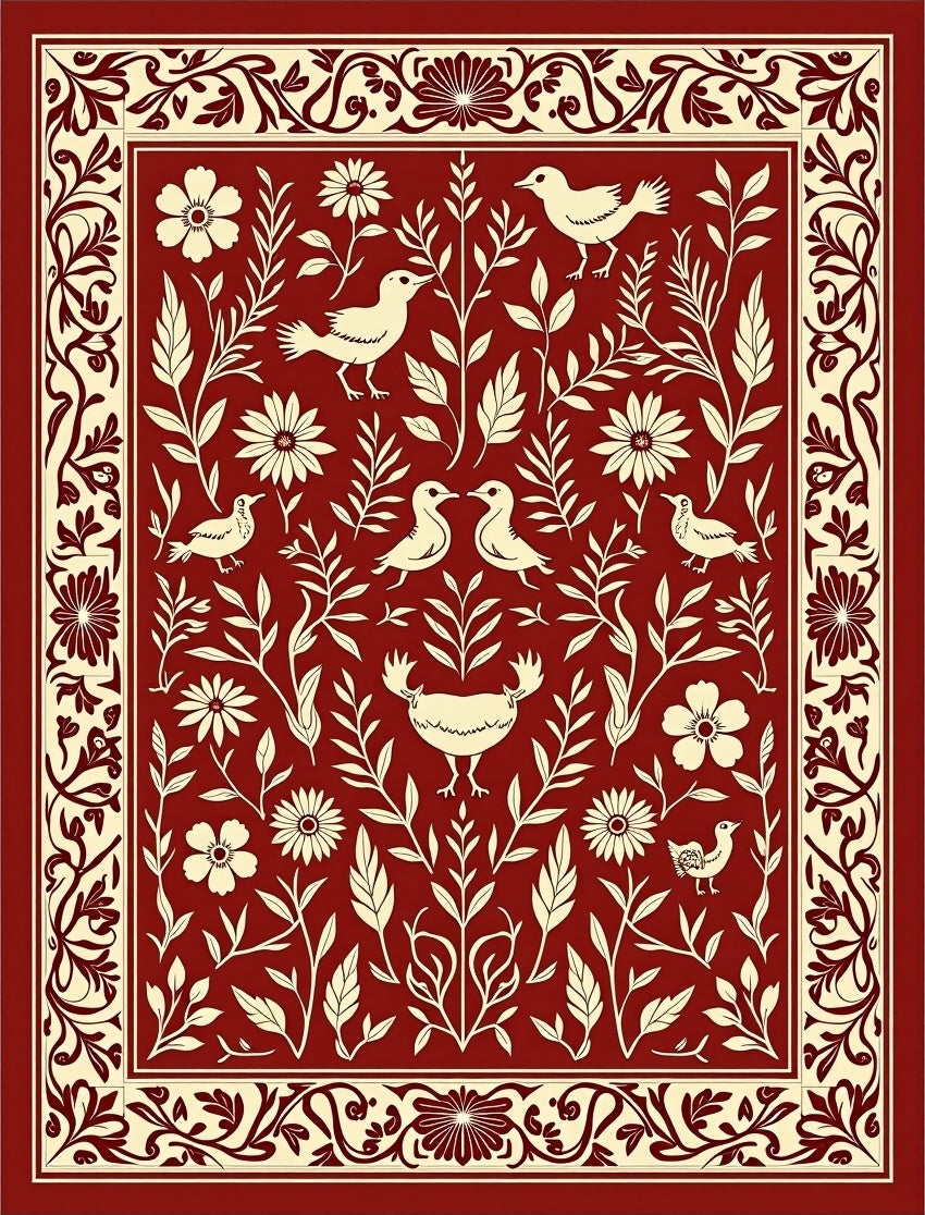 Ornate Birds and Floral Garden Red Rug