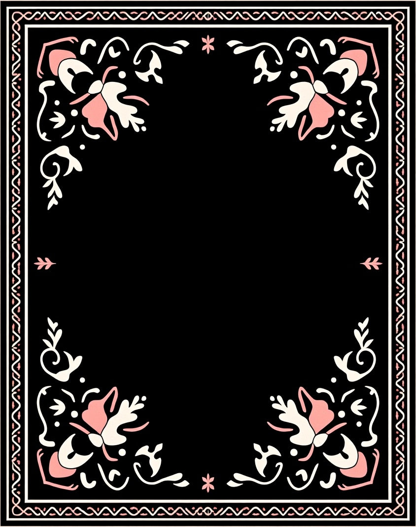 Black Pink Floral Border Art Rug