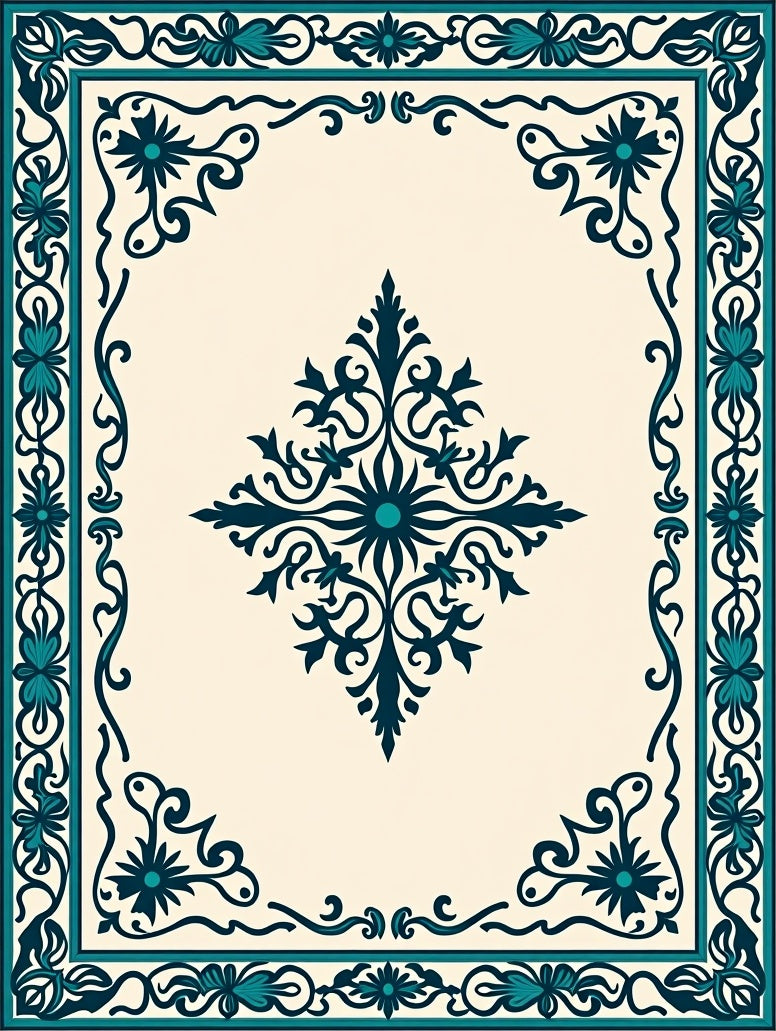 Ornate Teal Floral Medallion Pattern Rug