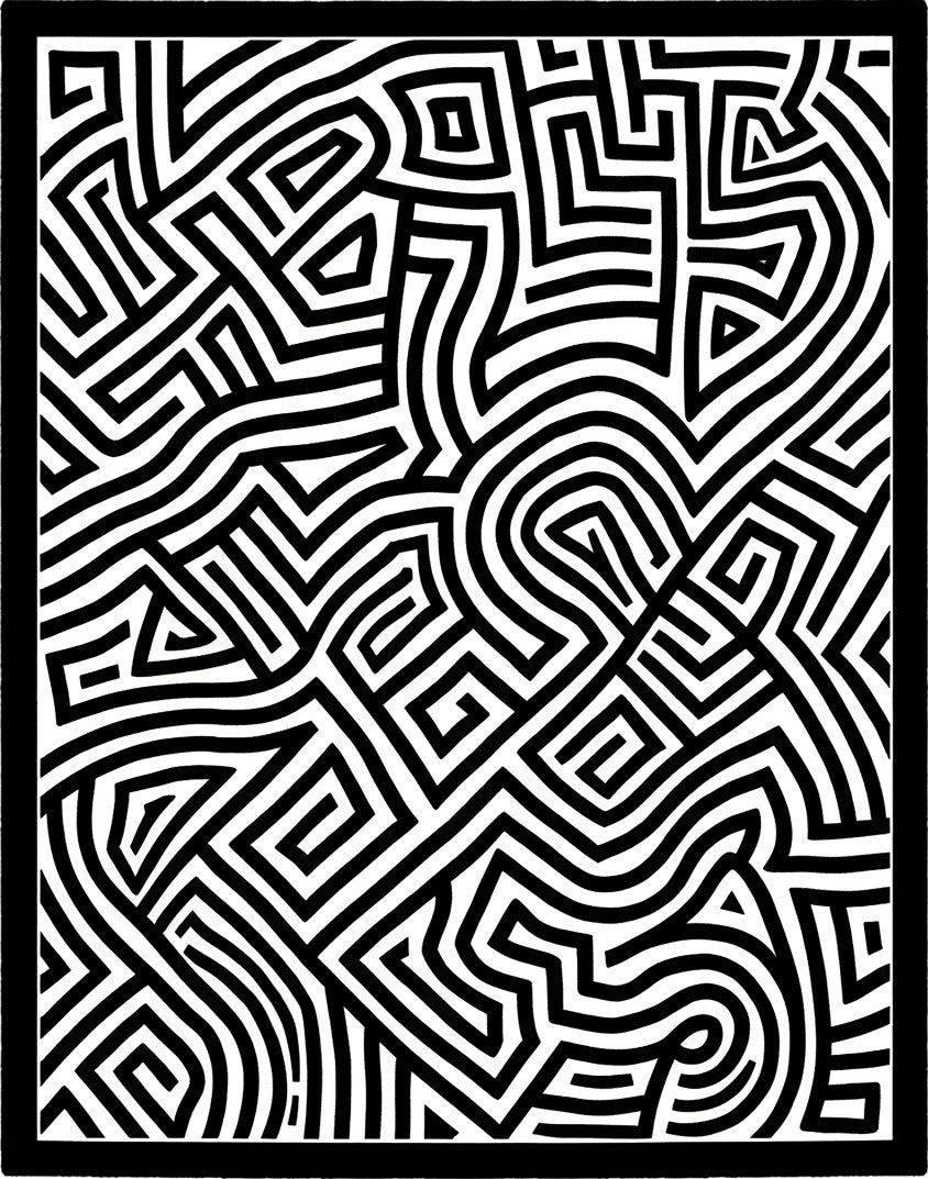 Black White Abstract Maze Pattern Rug