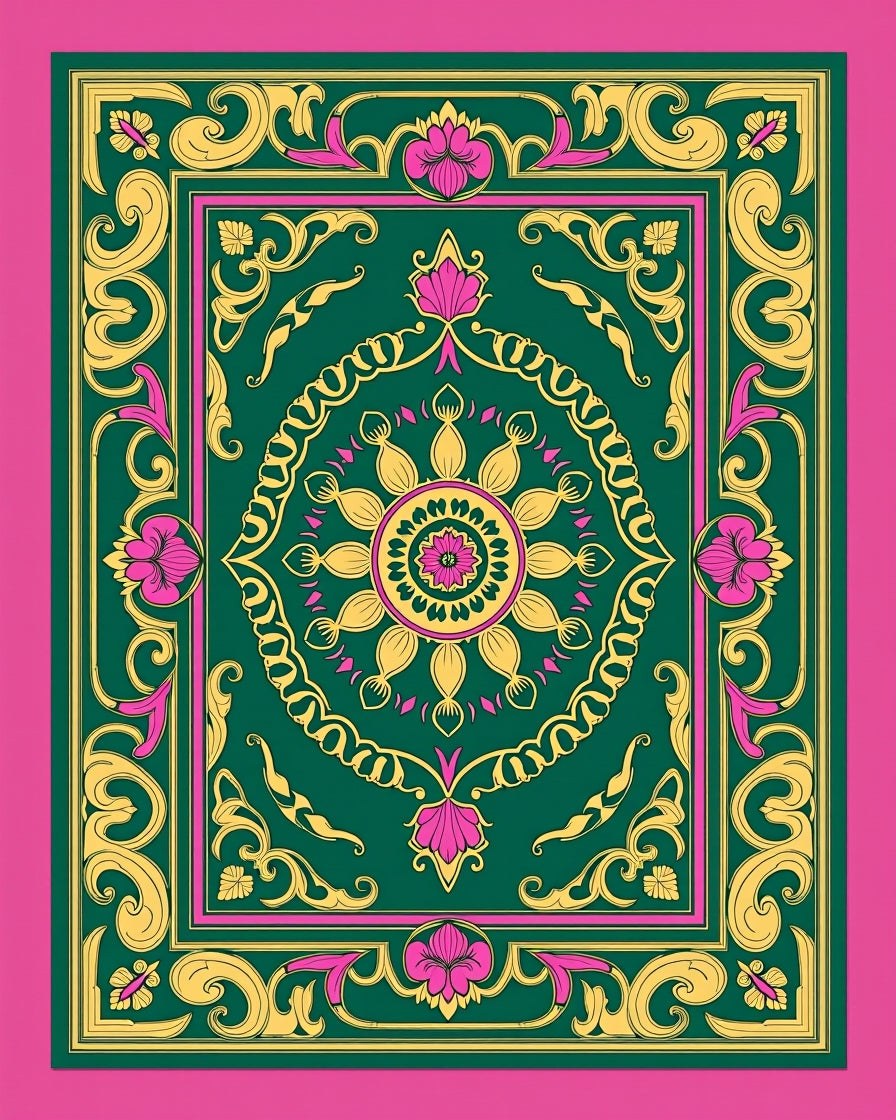 Ornate Floral Medallion Green Rug