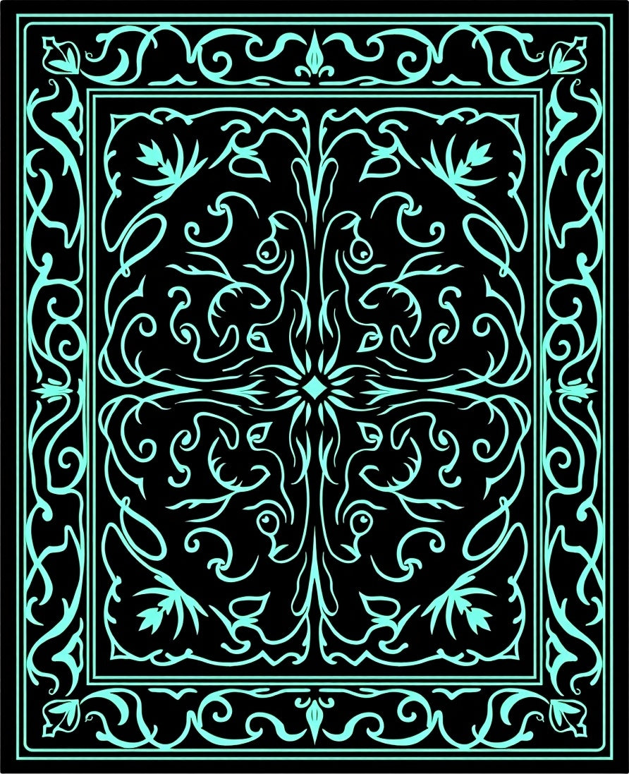 Aqua Black Ornate Floral Border Rug