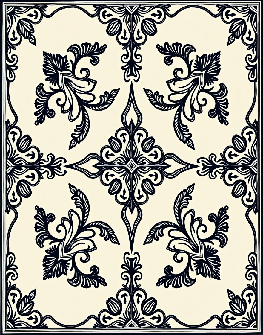 Ornate Black Floral Damask Pattern Rug
