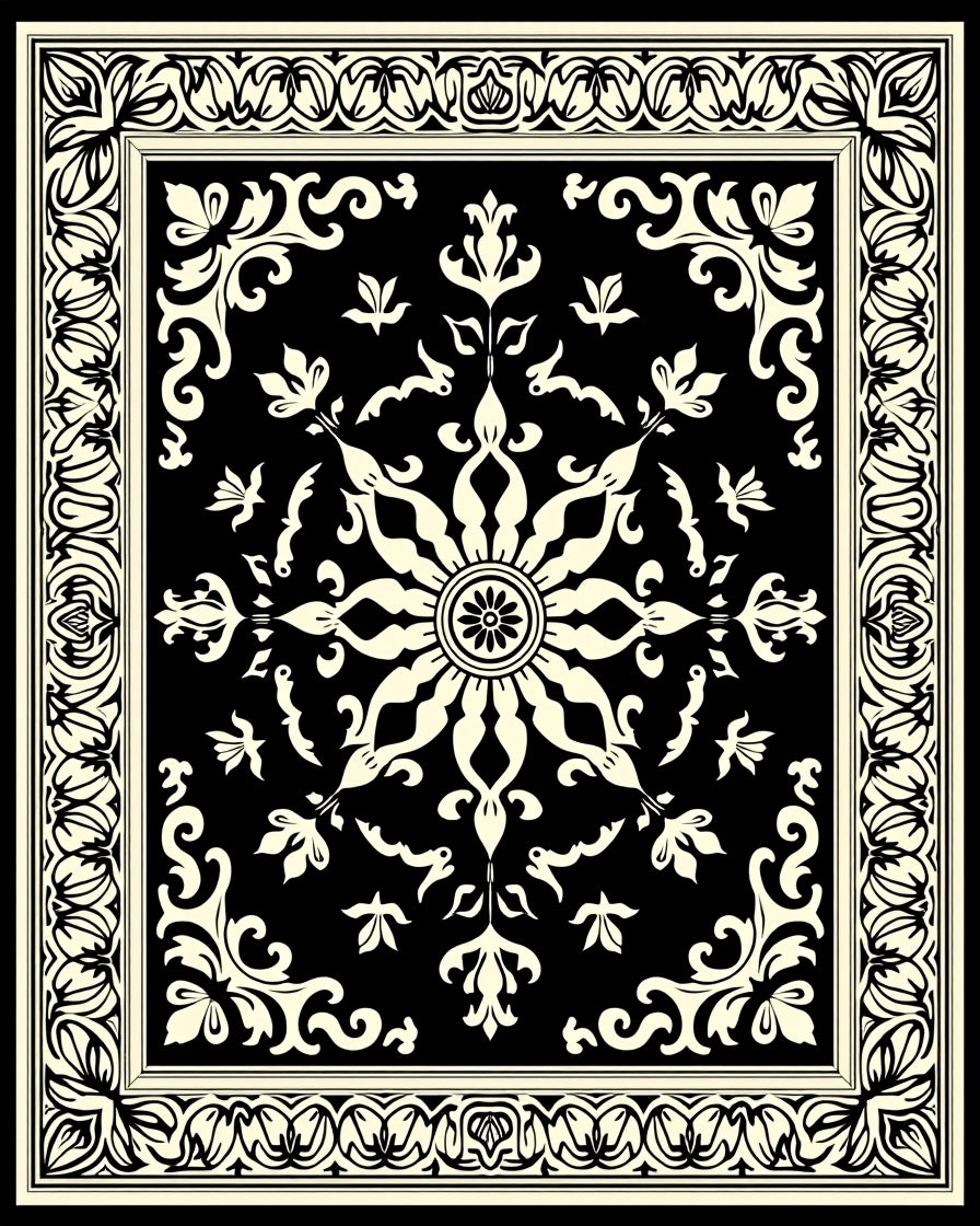 Elegant Floral Mandala Black Cream Rug