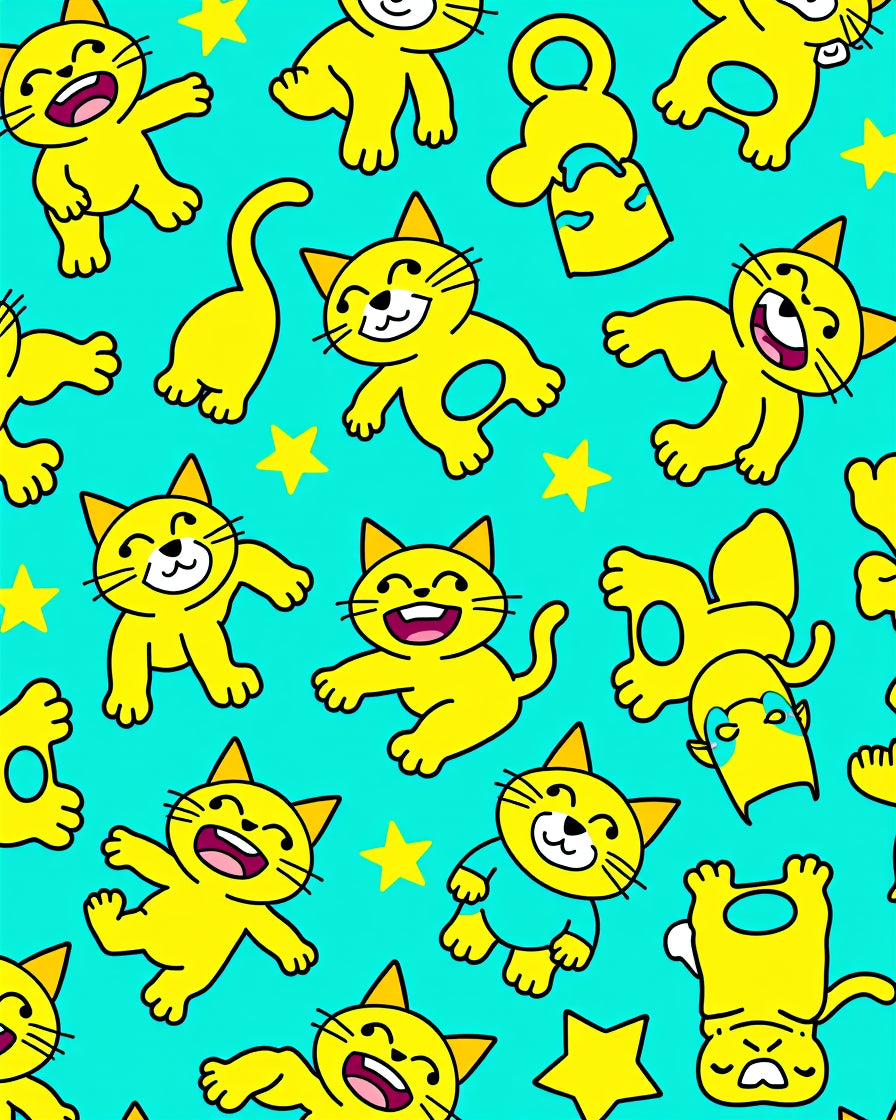 Playful Yellow Cat Star Pattern Rug