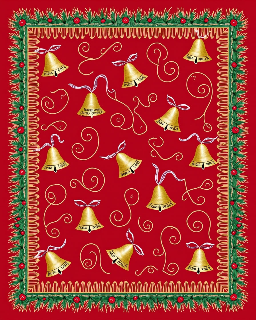 Gold Bells On Red Holiday Design Rug