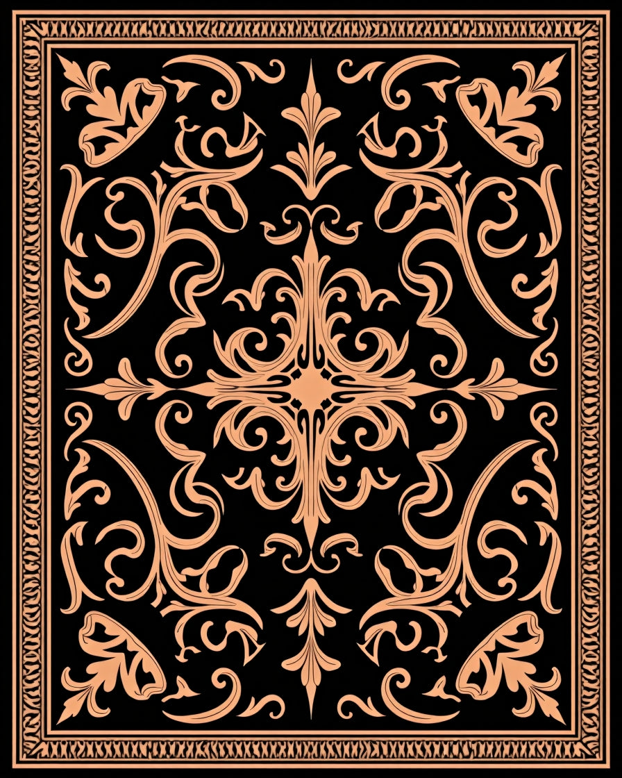 Ornate Black and Peach Flourish Design Rug