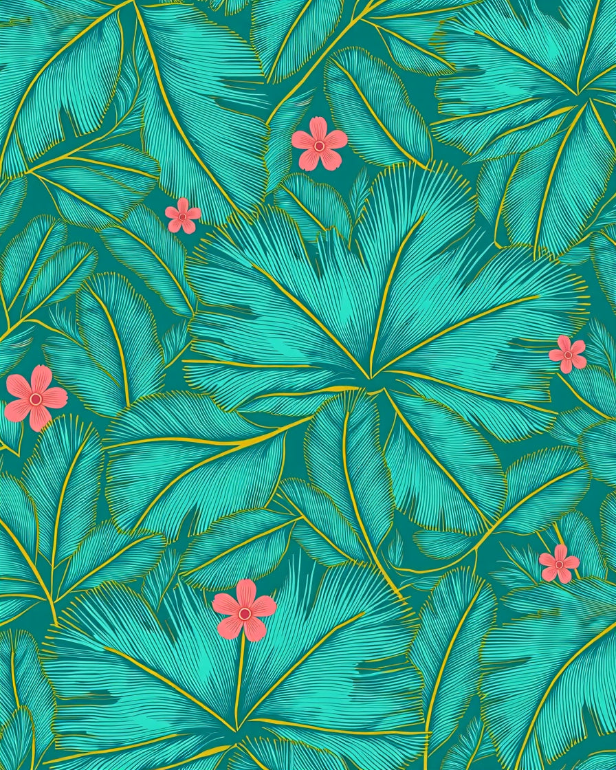 Teal Tropical Leaf Flower Pattern Rug