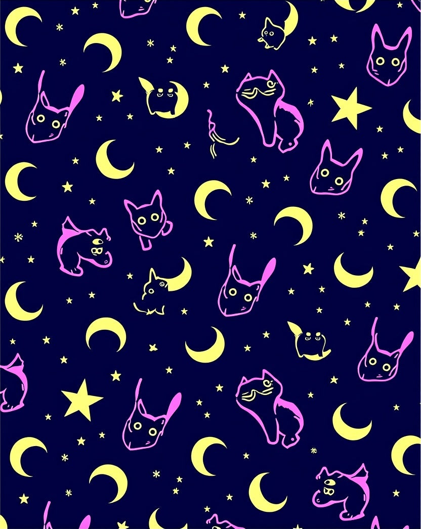 Cute Pink Cat Moon Star Pattern Rug