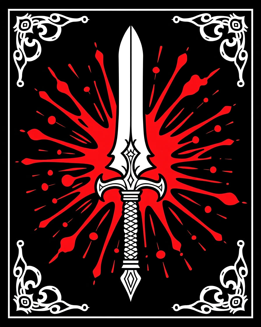 Bold Sword Crimson Splatter Design Rug
