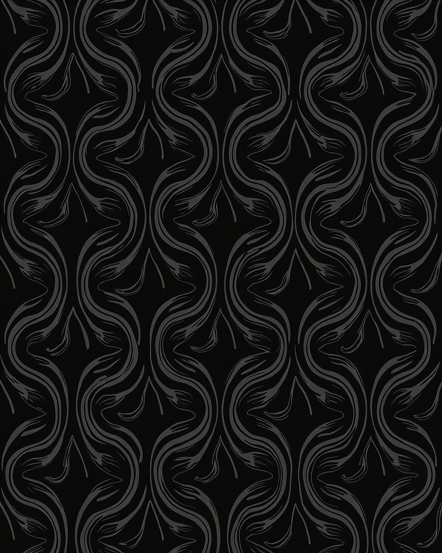 Dark Grey Curving Leaf Pattern Rug