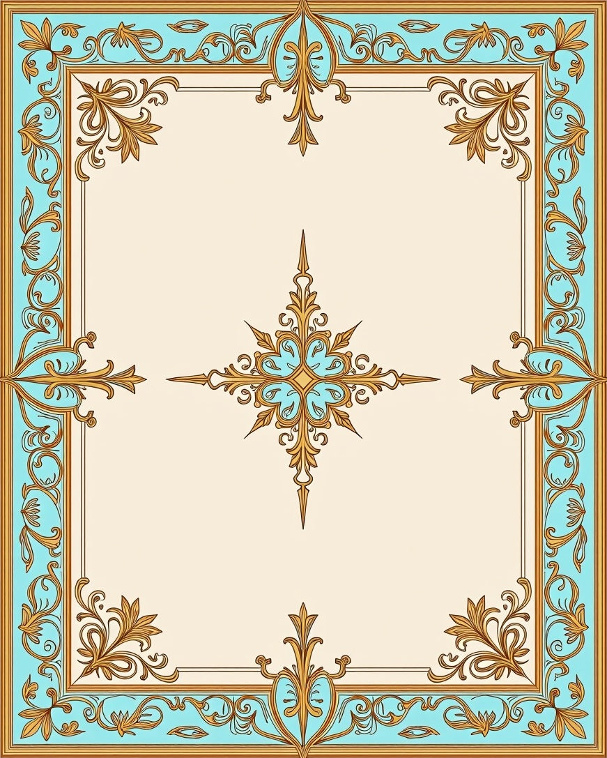 Ornate Aqua Gold Medallion Design Rug
