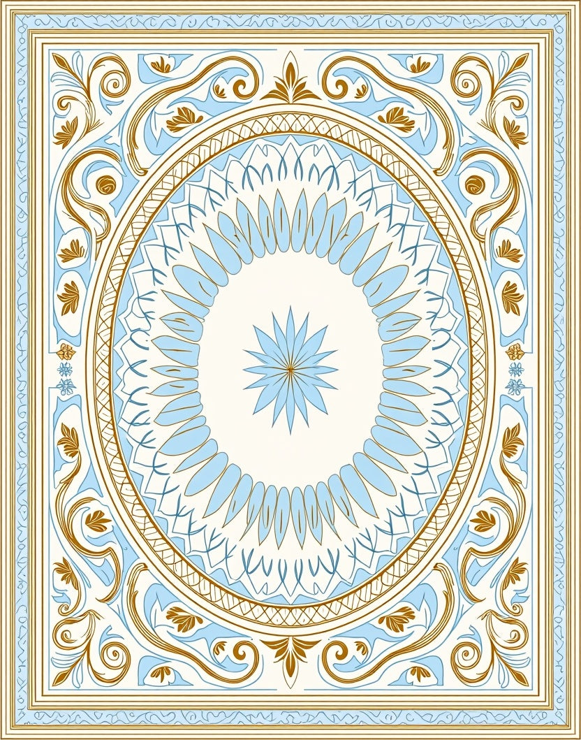 Elegant Blue Gold Floral Medallion Rug