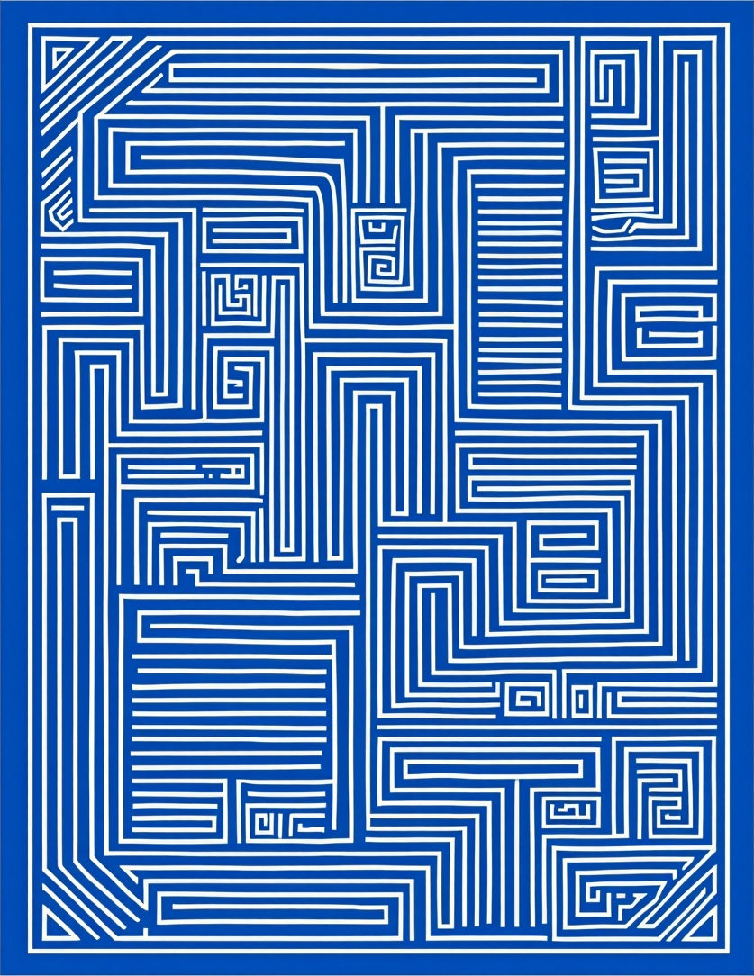 Abstract Blue White Geometric Maze Design Rug
