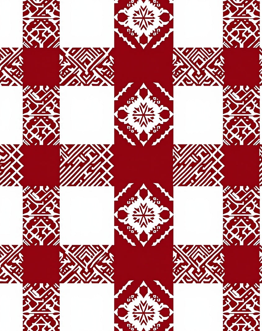 Red White Geometric Motif Squares Rug