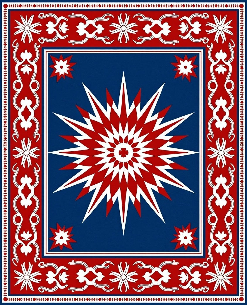 Red White Starburst And Floral Border Rug