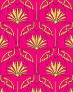 Vibrant Pink Golden Fan Pattern Design Rug