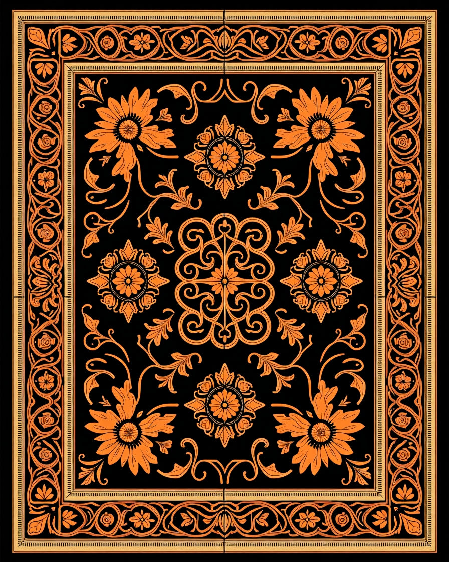 Orange Black Floral Medallion Scroll Rug