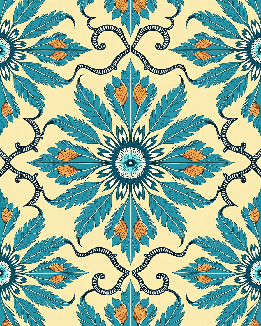 Blue Orange Floral Medallion Pattern Rug