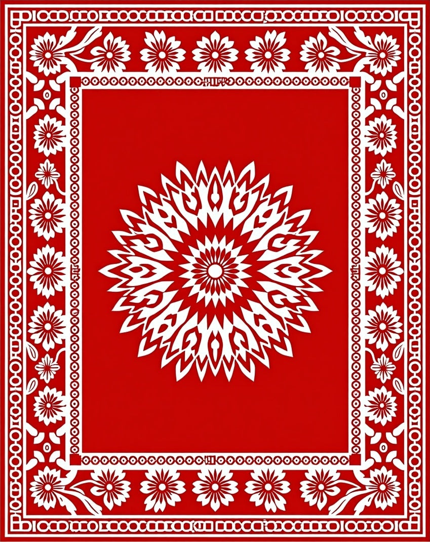 Red With White Mandala Floral Border Rug