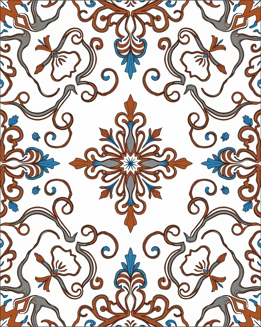 Orange Blue Scroll Nouveau Pattern Rug