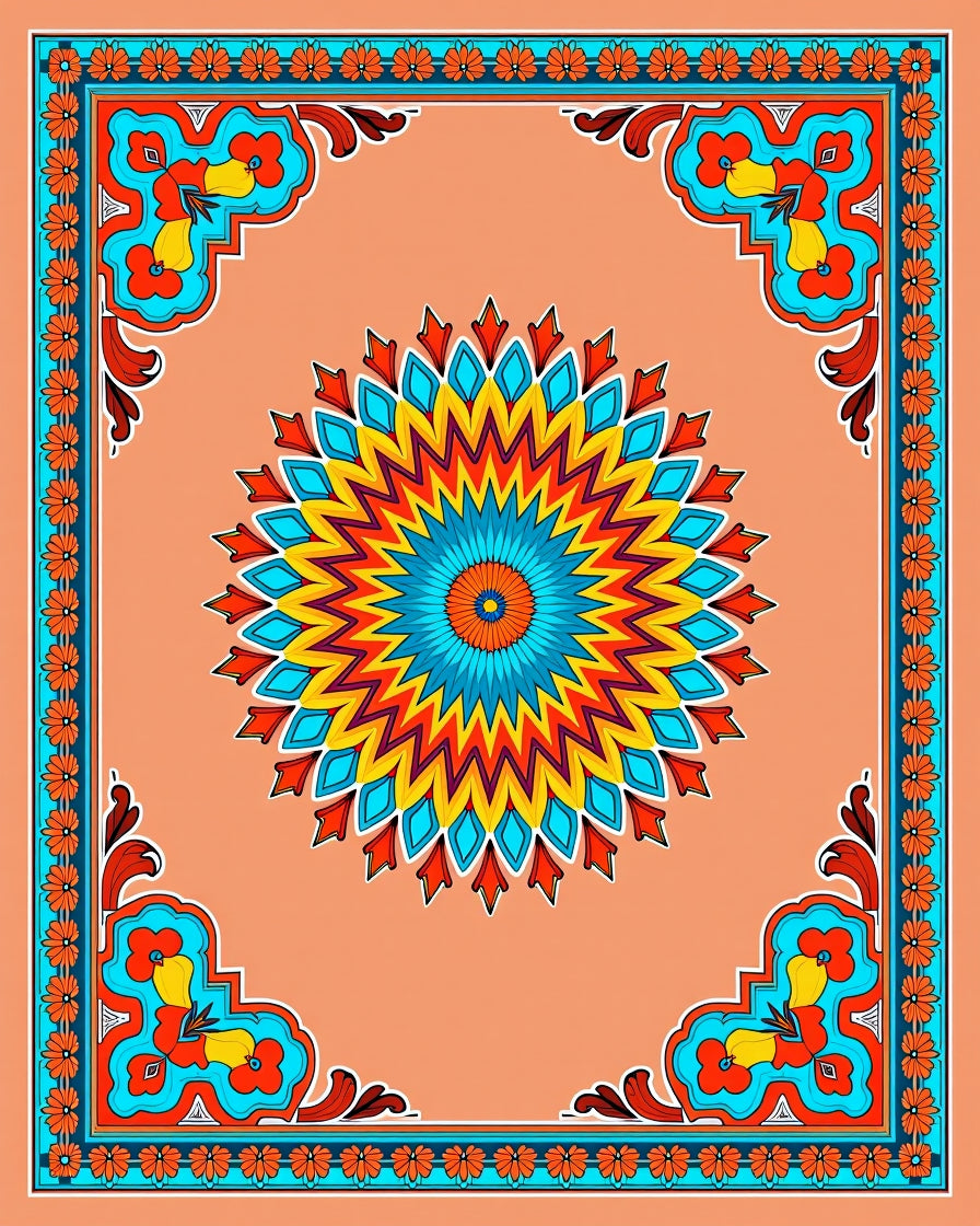 Bright Floral Mandala And Border Design Rug