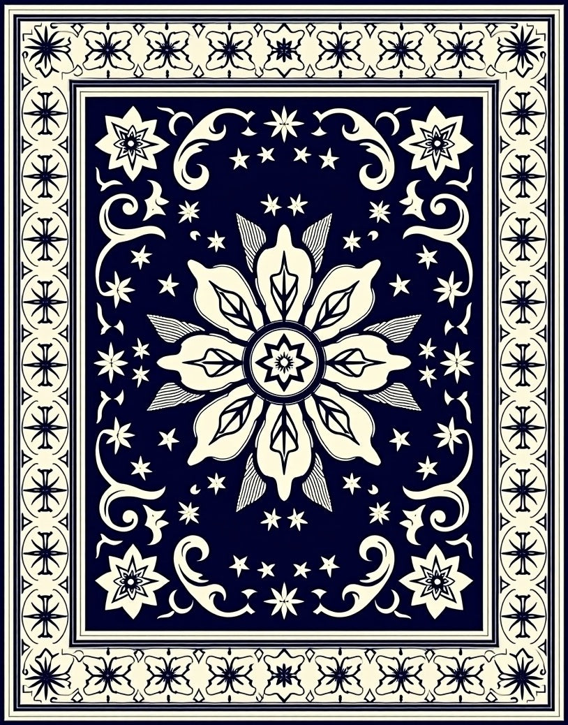 Navy Cream Floral Starburst Pattern Rug