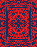 Ornate Red Blue Floral Scrollwork Rug