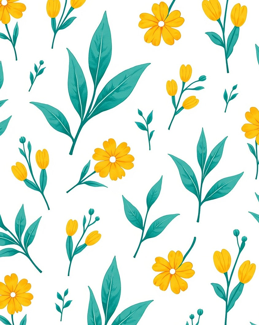 Yellow Floral Teal Leaf Pattern Rug