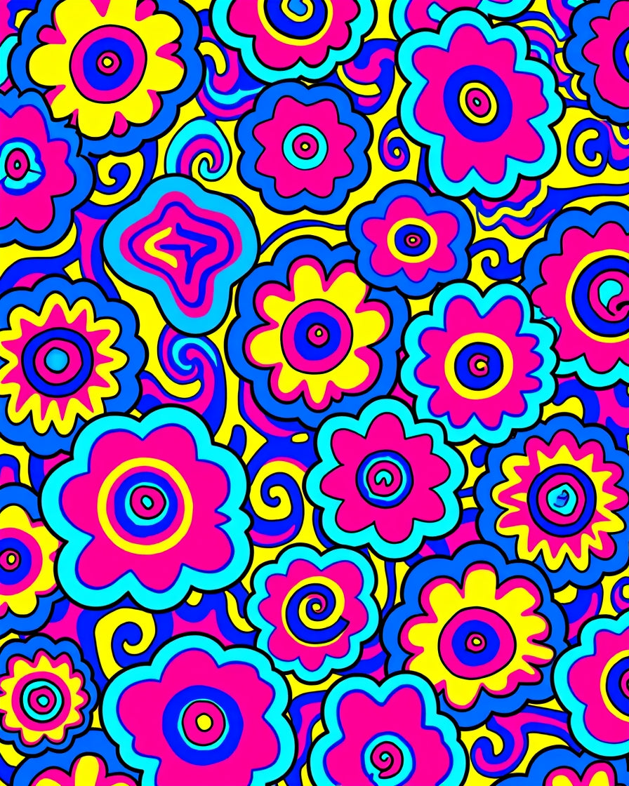 Psychedelic 60s Whimsical Flower Pattern Rug