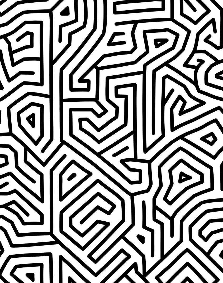 Black White Abstract Maze Pattern Rug