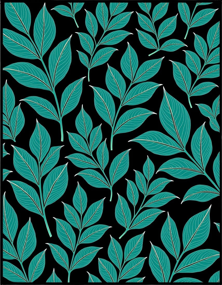 Teal Leafy Branch Black Background Rug