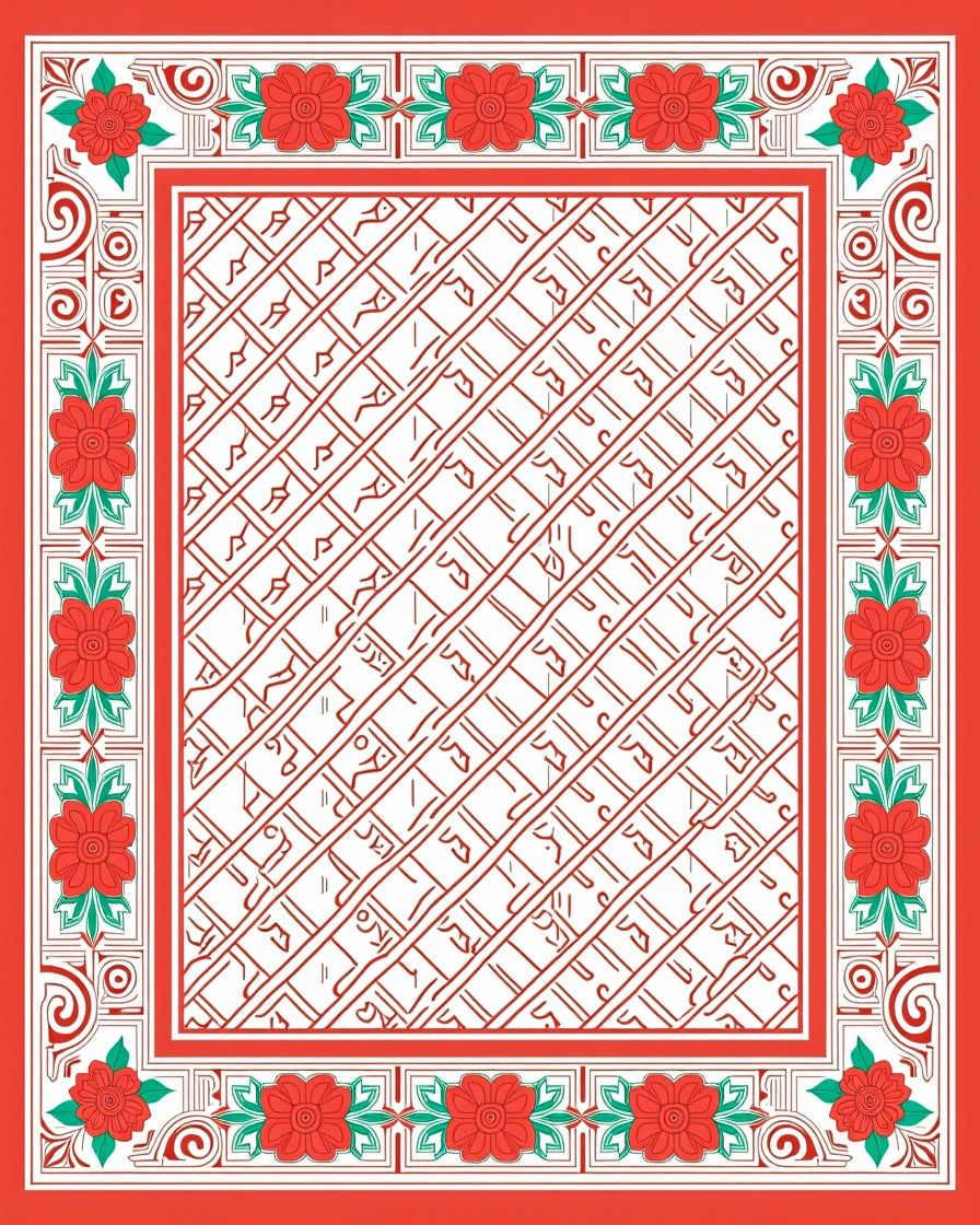 Red Floral Border Geometric Center Rug