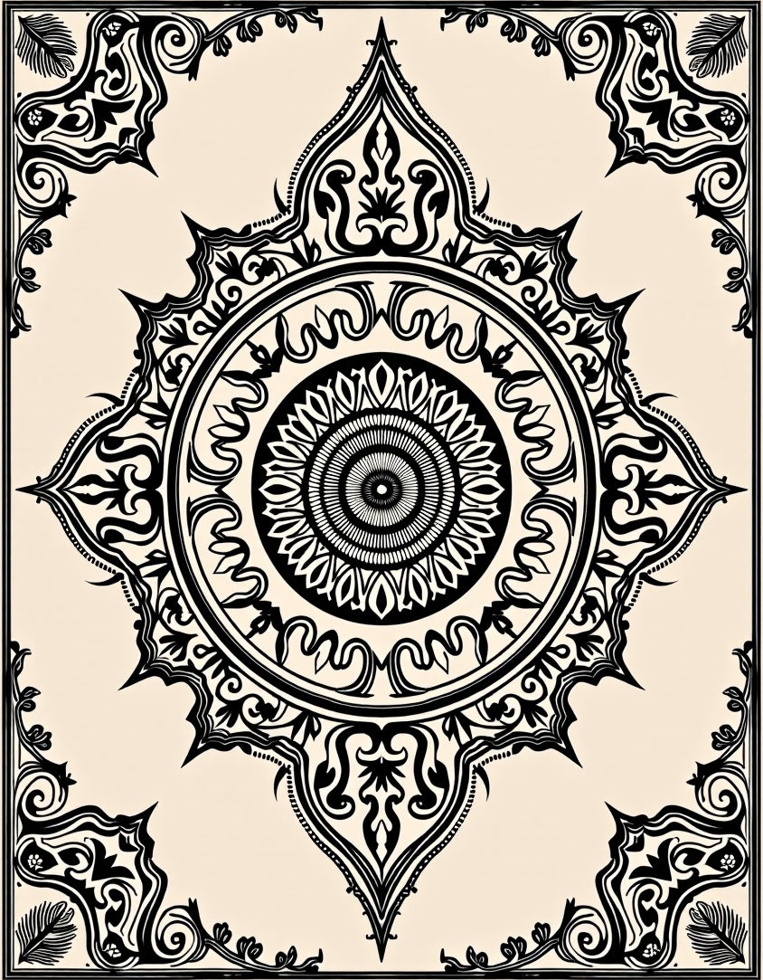 Ornate Black Cream Mandala Design Rug