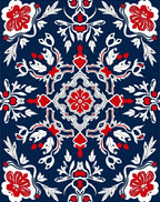 Deep Blue Red White Floral Medallion Rug