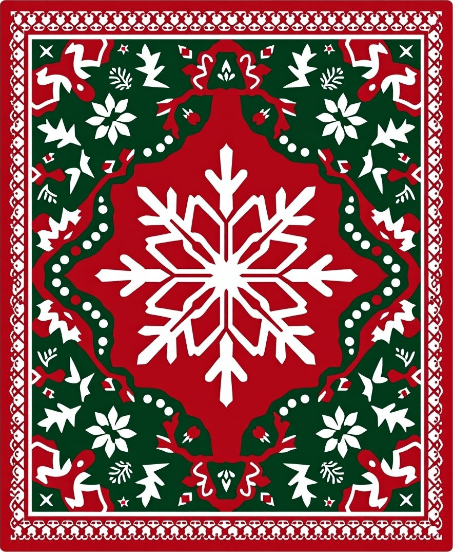 Red Green Snowflake Holly Border Rug