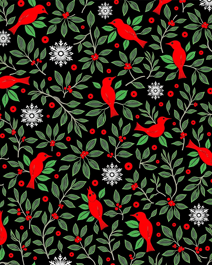 Red Cardinals Green Foliage Snowflakes Rug