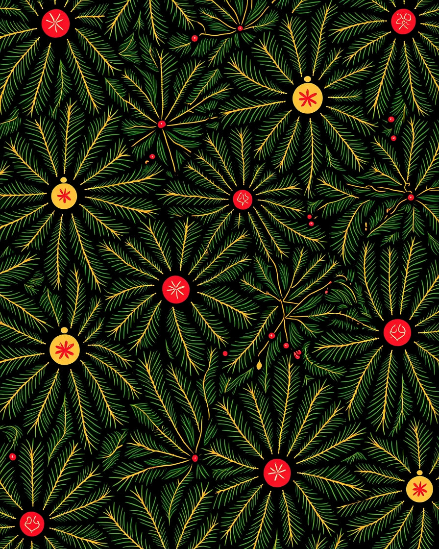 Green Pine Sprigs with Red Yellow Ornaments Rug
