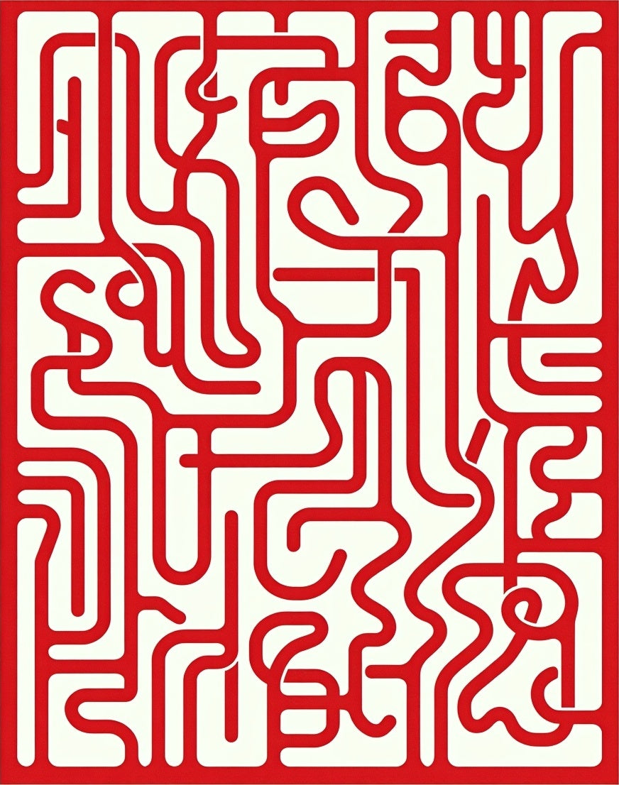 Red Abstract Maze Pattern Rug