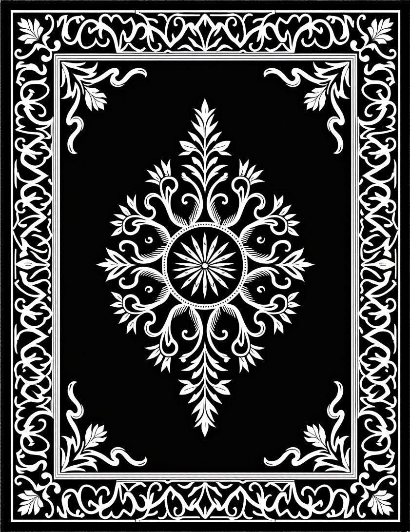 Ornate Floral Black White Design Rug